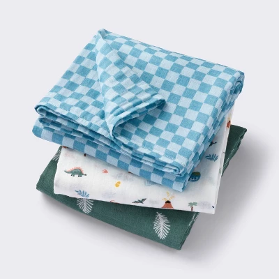 Muslin Swaddle Baby Blanket - Dino Check - 3pk - Cloud Island™ 4 Muslin Swaddle Baby Blanket - Dino Check - 3pk - Cloud Island™ - Image 4