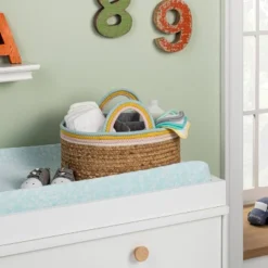 Braided Water Hyacinth Diaper Caddy With Coiled Rope Handles - Pink - Cloud Island™