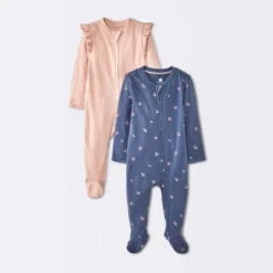 Baby Girls' 2pk Cozy Wide Ribbed Floral Sleep N' Play - Cloud Island™ Pink/Blue -Cloud Island GUEST b8b6cf8f 3882 4edb 912f a69077b659d9