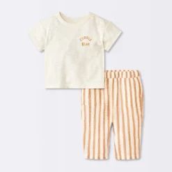 Baby Boys' 2pc Cuddle Bear T-Shirt And Striped Gauze Pant Set - Cloud Island™ Cream -Cloud Island GUEST d721bf35 f272 403f 9861 6874d1adc3e0
