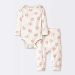 Baby 2pc Floral Wide Ribbed Top & Bottom Set - Cloud Island™ Cream -Cloud Island GUEST ec0de7be 7c6a 488d 9e19 38aedabc4464